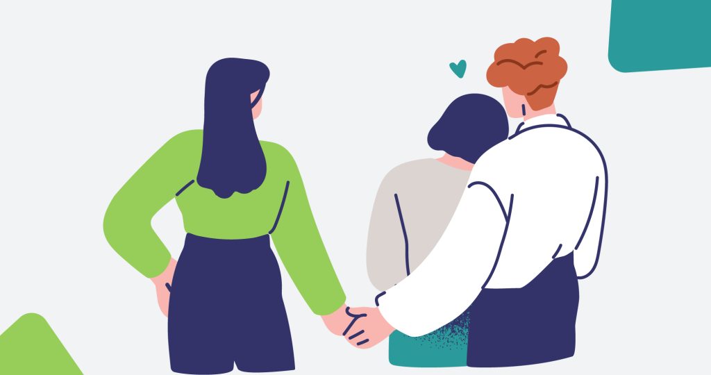 Ilustración de una pareja de la mano con una tercera persona entre los dos, en el medio, para hablar de cómo gestionar una relación abierta.